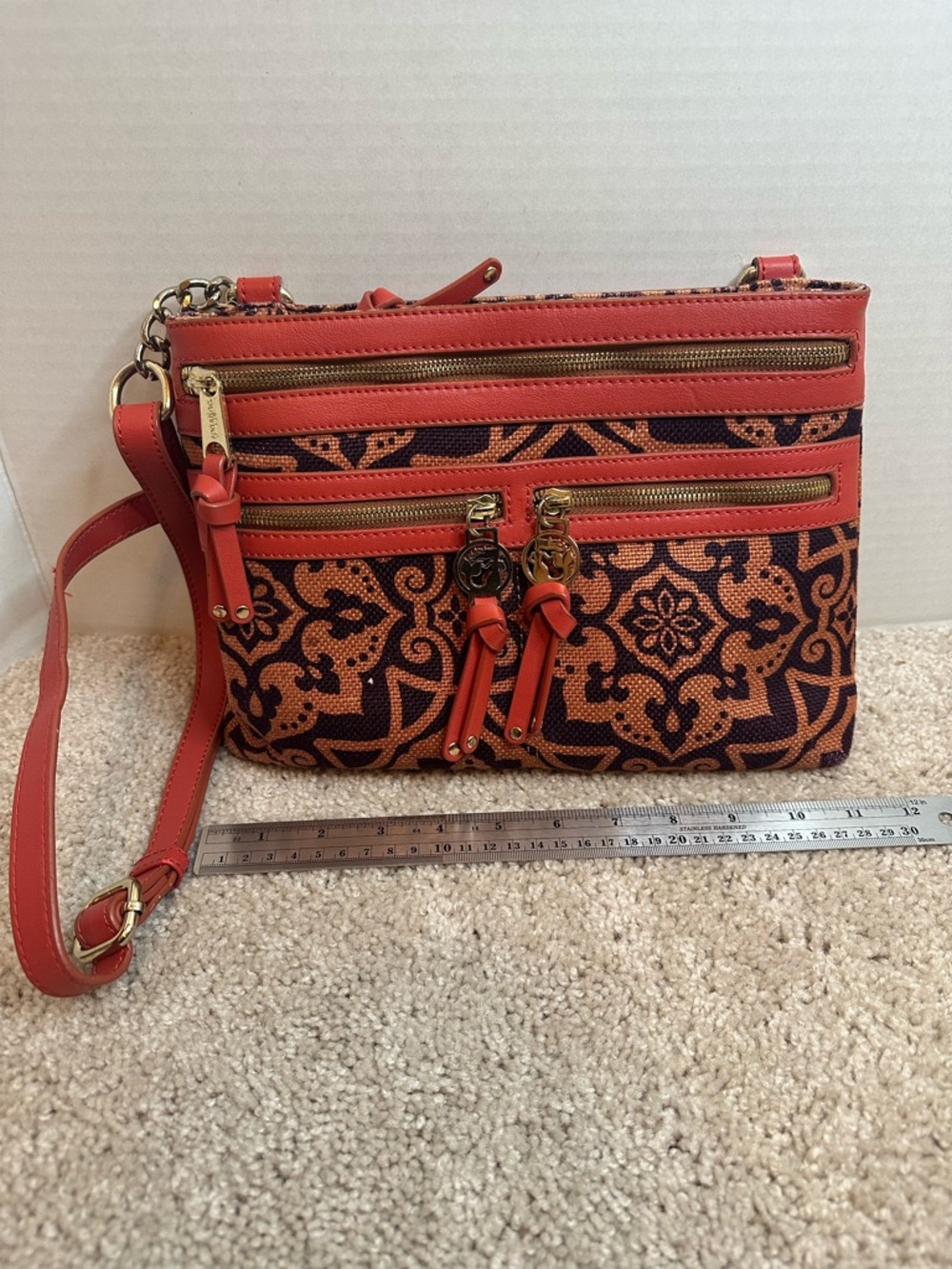 Spartina 449 Coral and Navy Patterned Crossbody, pre loved, see pics
